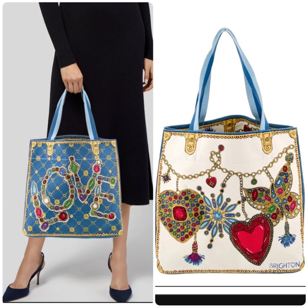 NEW Brighton Glittering Love Large Canvas Tote Bag Jewel Theme Western Pocket